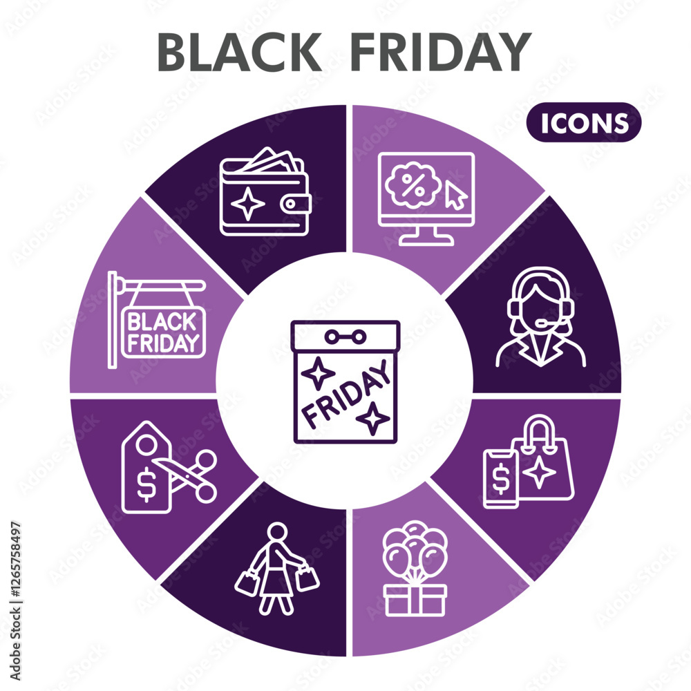 Fototapeta premium Black friday symbols collection or sketches. Black friday sale theme diagram pie in linear style signs for web and app. Vector graphics isolated on white background.
