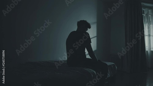 Young man sitting on bed's edge, drowning in deep emotional shadows, silently wrestling with inner turmoil and unspoken psychological struggles during quiet nighttime moments