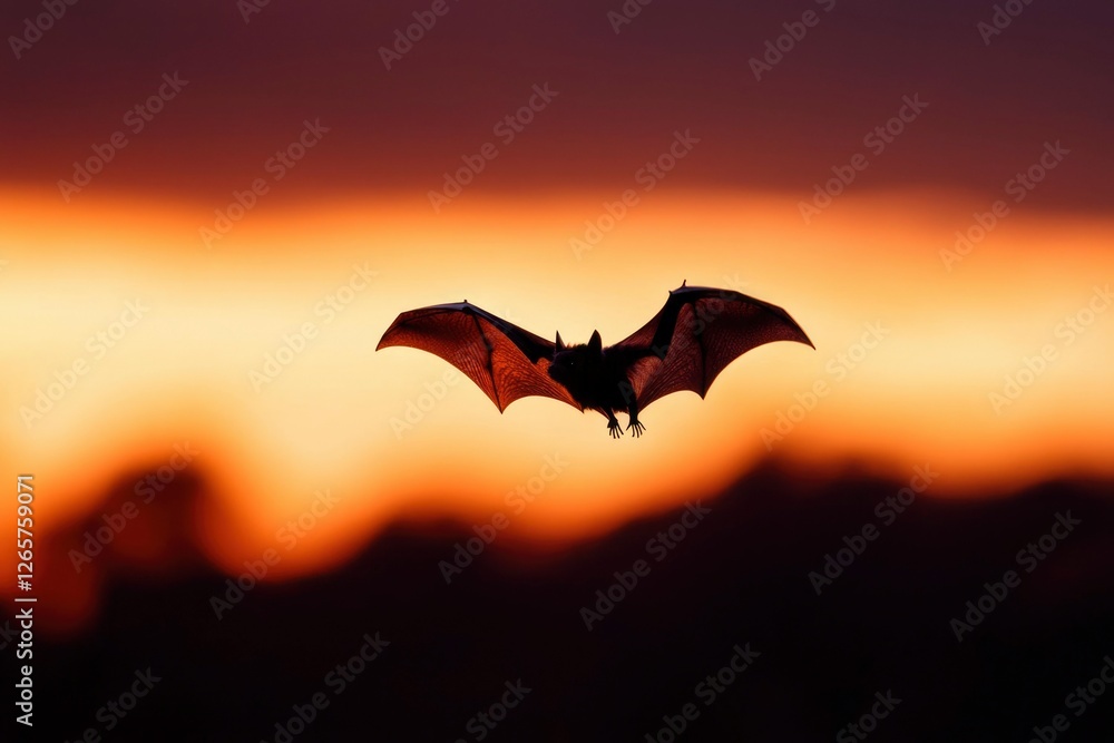 Naklejka premium Bat flies silhouetted during sunset. Wildlife conservation, nature background