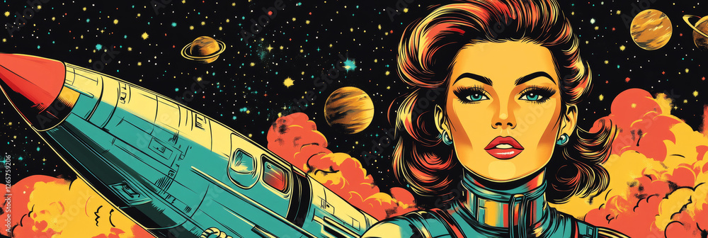 A heroic woman in a futuristic space suit stands proudly beside a spaceship, embodying strength and courage against a cosmic backdrop of stars and planets in this empowering pin-up banner