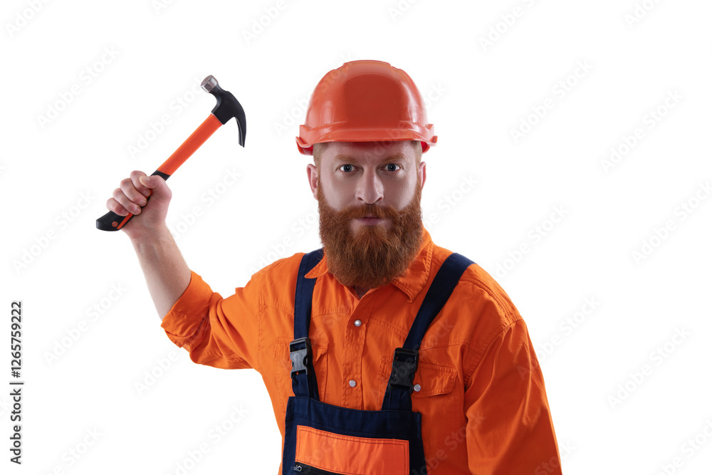 Bearded repairman with hammer. Workman repairing with hammer isolated on white. Repair man work. Surface repair. Carpentry and repairing. Repairman in uniform has hammer. Maintenance and upkeep Bearded repairman with hammer. Workman repairing with hammer isolated on white. Repair man work. Surface repair. Carpentry and repairing. Repairman in uniform has hammer. Maintenance and upkeep