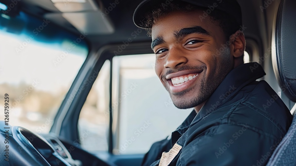 Obraz premium A man driving a car and smiling inside the vehicle