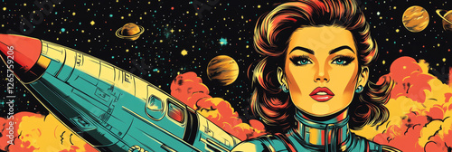 Obraz na płótnie A heroic woman in a futuristic space suit stands proudly beside a spaceship, embodying strength and courage against a cosmic backdrop of stars and planets in this empowering pin-up banner w salonie