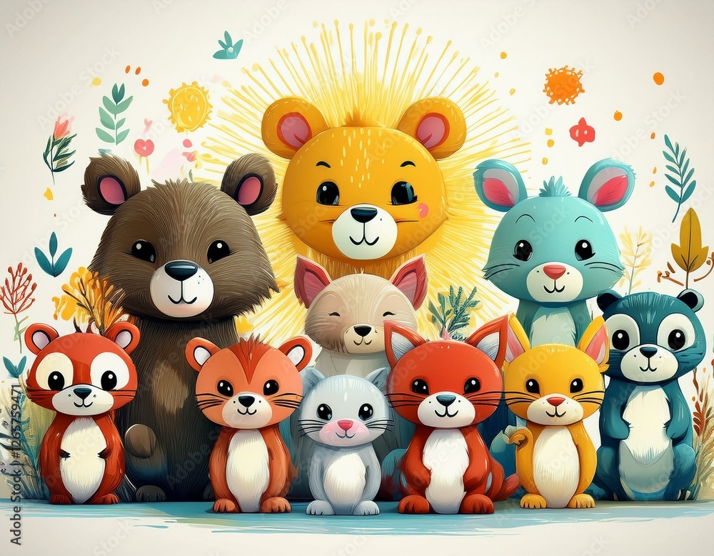 Naklejka premium Colorido dibujo de dibujos animados con animales del bosque lindos y caras soleadas en un fondo ligero
