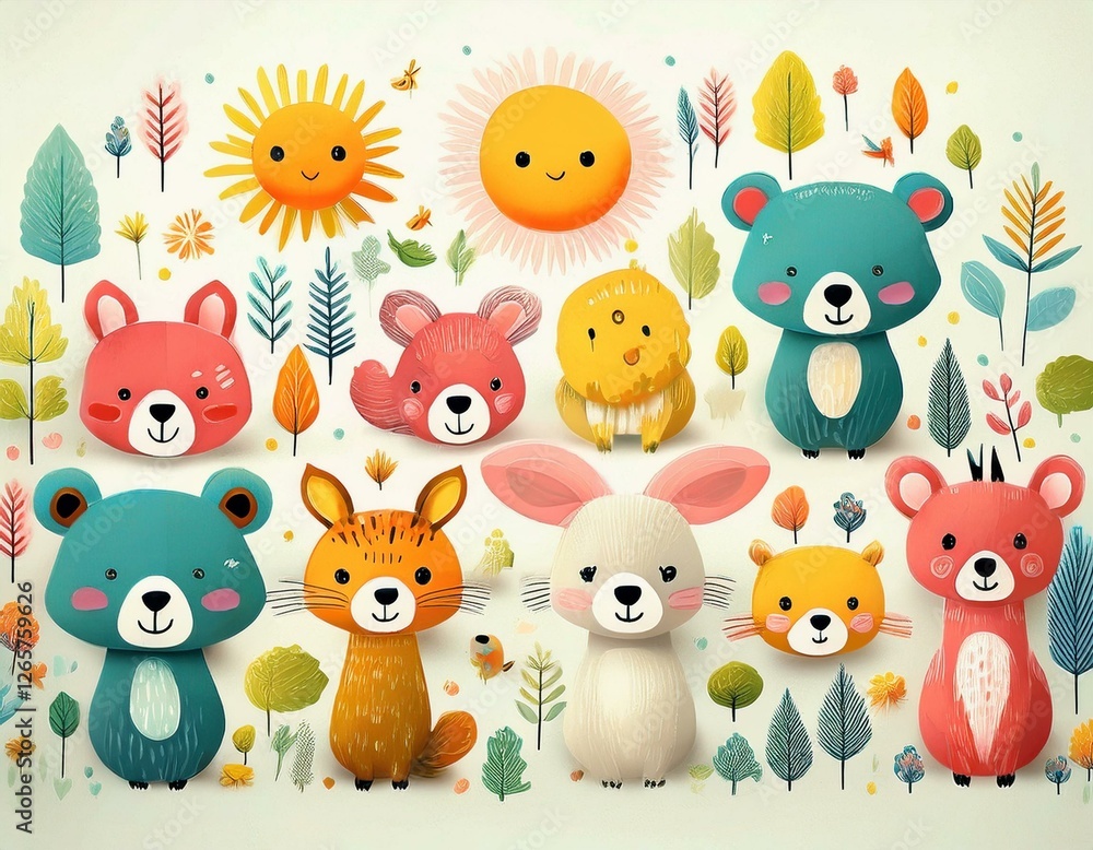Naklejka premium Colorido dibujo de dibujos animados con animales del bosque lindos y caras soleadas en un fondo ligero