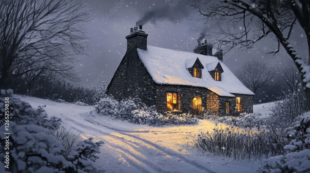 Fototapeta premium A cozy stone cottage glows warmly amidst a snowy winter landscape