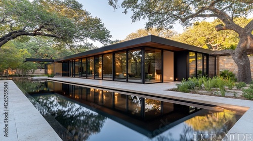 Modern house, pool, sunset, trees