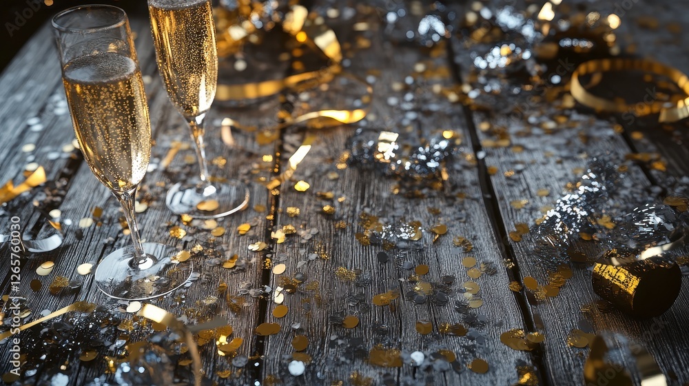 Two elegant champagne flutes filled with bubbly drink sit amidst a festive scene of gold confetti and decorations, perfect for celebration. Two elegant champagne flutes filled with bubbly drink sit amidst a festive scene of gold confetti and decorations, perfect for celebration.