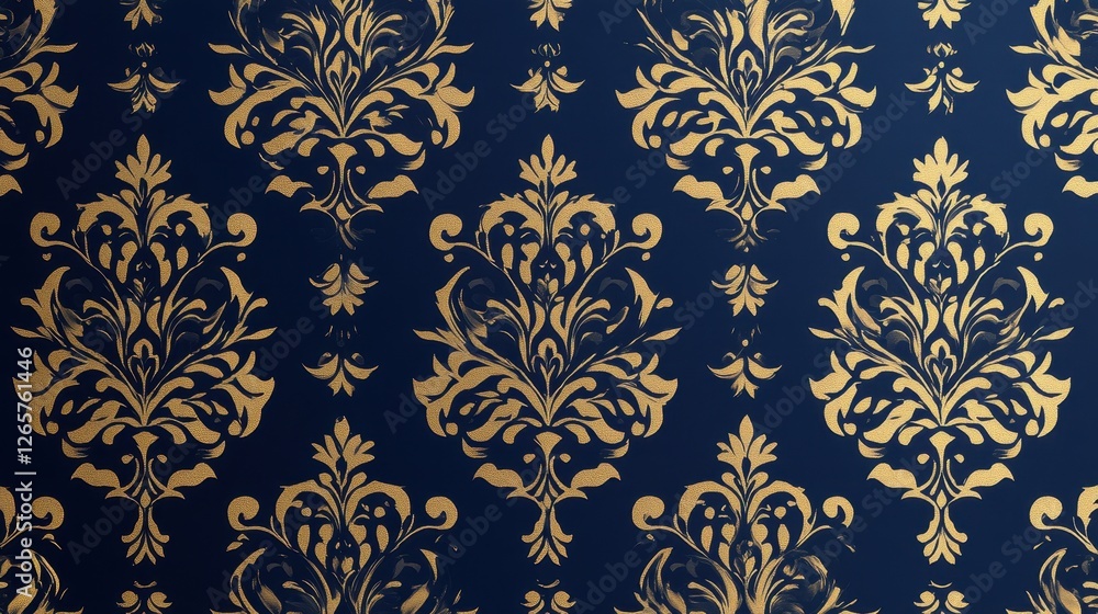 Elegant gold damask pattern on a deep navy blue background, perfect for adding a touch of luxury and sophistication to any interior or design project. Elegant gold damask pattern on a deep navy blue background, perfect for adding a touch of luxury and sophistication to any interior or design project.