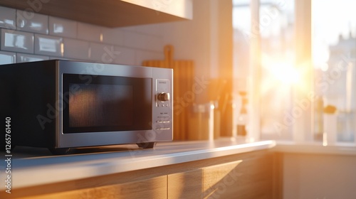 Modern microwave oven in sunny kitchen