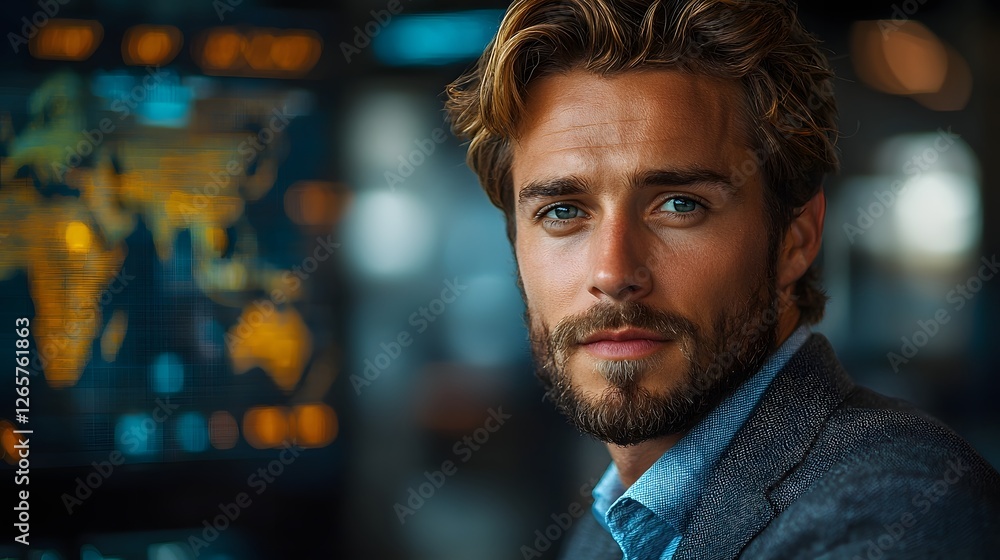 Sophisticated and Worldly Diplomat Portrait Symbolizing Global Outreach and International Trade Networks Sophisticated and Worldly Diplomat Portrait Symbolizing Global Outreach and International Trade Networks
