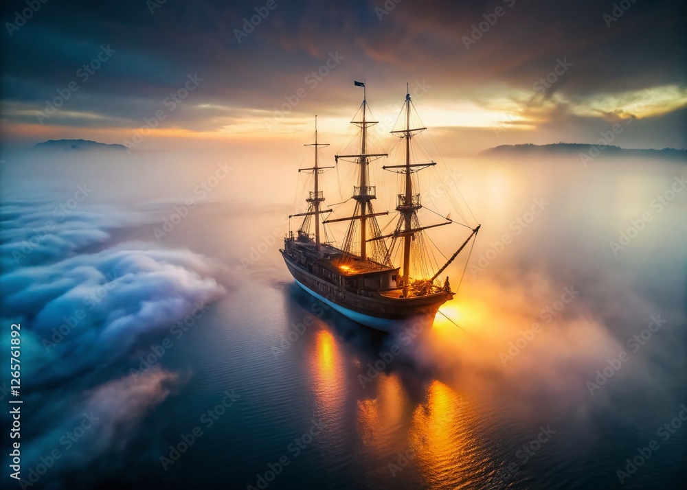 Ethereal Ghost Ship in Foggy Waters - Mystical Maritime Drone Photography Ethereal Ghost Ship in Foggy Waters - Mystical Maritime Drone Photography