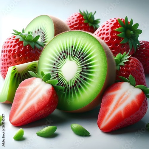 Fresh Kiwi and Strawberry - Sliced kiwi fruit with fresh strawberries showing fruit texture
