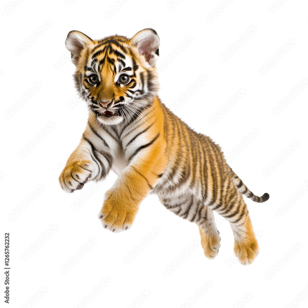 Fototapeta premium Energetic tiger cub in playful midleap against Transparent background