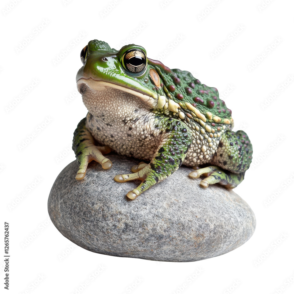 Obraz premium Green toad peacefully posed on grey stone against white backdrop