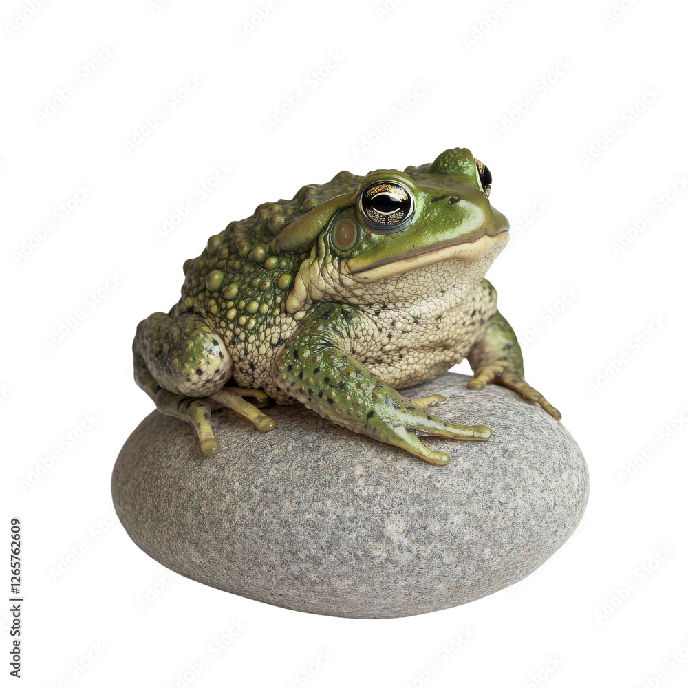 Obraz premium Green toad peacefully posed on grey stone against white backdrop
