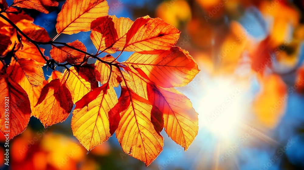 Obraz premium Autumn leaves sunlit branch forest background