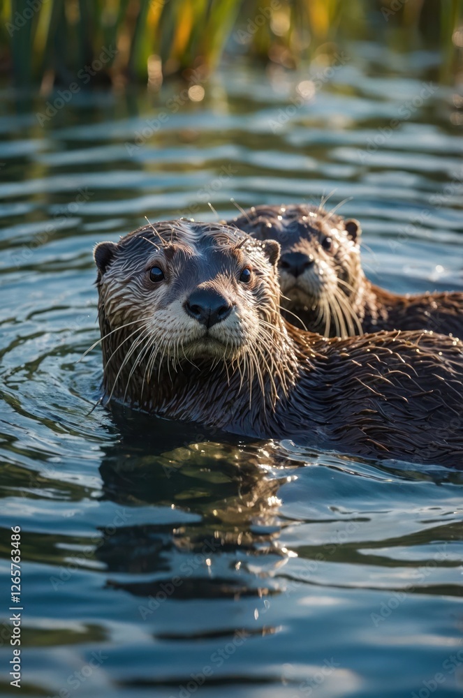 Two otters swimming together in a serene water environment. Two otters swimming together in a serene water environment.