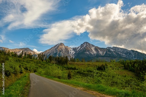 Mountain asphalt road under high peaks without cars. Bicycle path in a mountain environment. Belianske Tatry (Tatry Bielskie), High Tatras, sunny day with clouds. 
