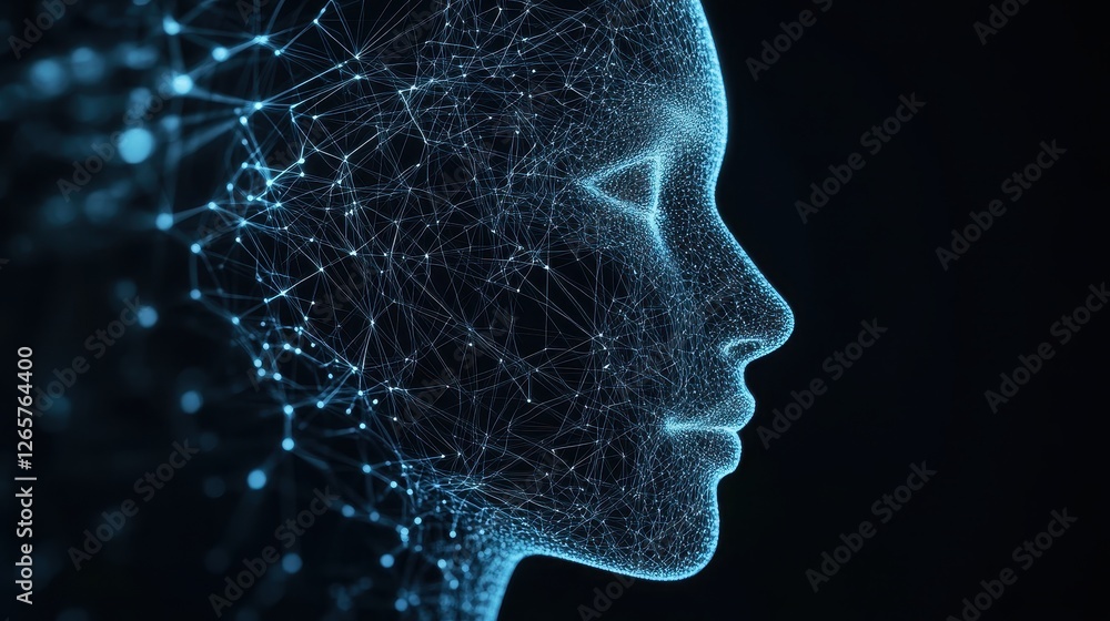 A digital representation of a human face in profile, constructed from interconnected blue lines and nodes, symbolizing artificial intelligence and technology. A digital representation of a human face in profile, constructed from interconnected blue lines and nodes, symbolizing artificial intelligence and technology.