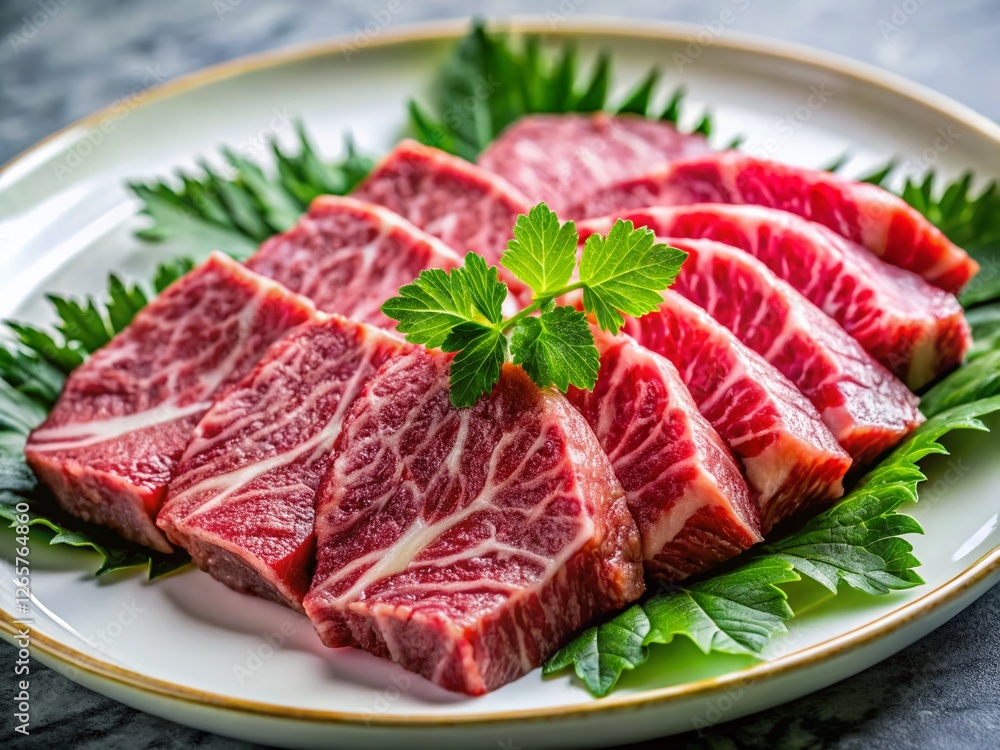 Exquisite Japanese Kobe Beef Slices on Elegant Dish - Premium Stock Photo Exquisite Japanese Kobe Beef Slices on Elegant Dish - Premium Stock Photo