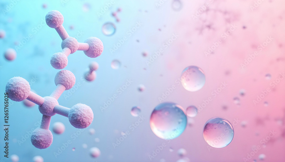 Molecules shown as abstract shapes against a background of sky blue blending into fuchsia pink, with a watercolor effect adding texture. Molecules shown as abstract shapes against a background of sky blue blending into fuchsia pink, with a watercolor effect adding texture.