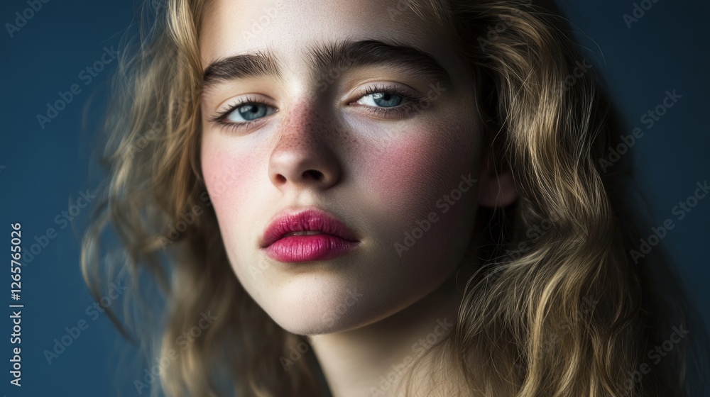 Fototapeta premium Beautiful female model with bright pink lips, half face in shadow, dramatic side lighting, f/2.0, minimal dark background