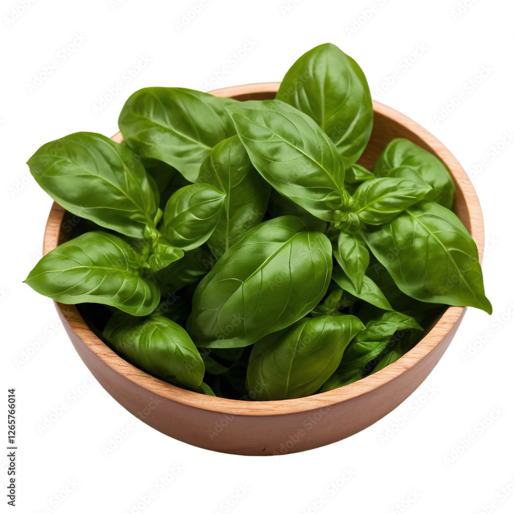 Fresh green basil leaves in a small wooden bowl isolated on transparent background Fresh green basil leaves in a small wooden bowl isolated on transparent background