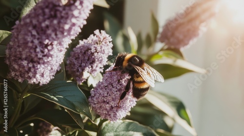 Urban beekeeping and pollinator friendly gardening in a vibrant setting with bees collecting nectar from blooming flowers photo