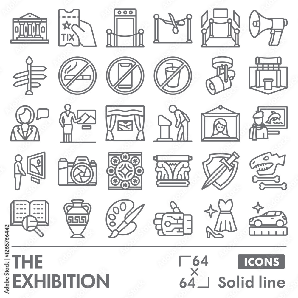 The exhibition symbols collection or sketches. exhibition opening theme icons in linear style signs for web and app. Vector graphics isolated on white background. The exhibition symbols collection or sketches. exhibition opening theme icons in linear style signs for web and app. Vector graphics isolated on white background.