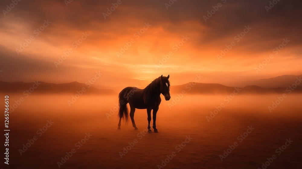 An elegant horse stands proudly in a misty scene, illuminated by a captivating sunset, symbolizing freedom and the untamed beauty of nature. An elegant horse stands proudly in a misty scene, illuminated by a captivating sunset, symbolizing freedom and the untamed beauty of nature.