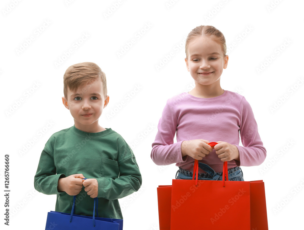 Cute little friends with shopping bags on white background