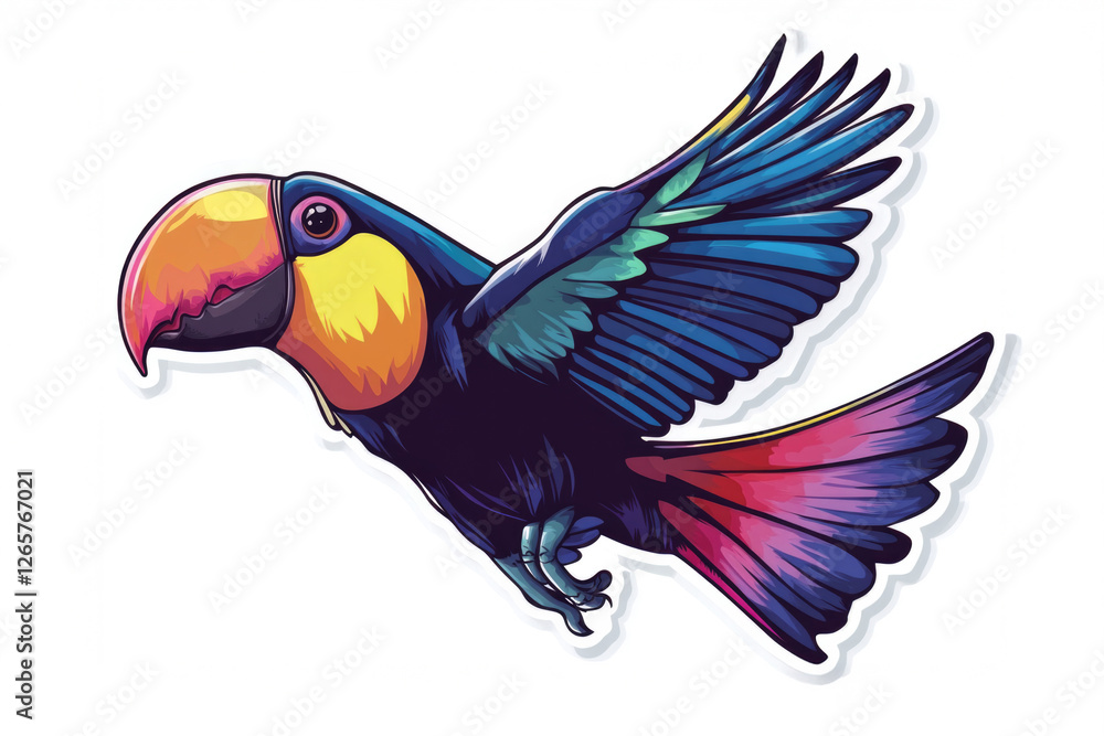 Obraz premium A stunning illustration of a toucan flying with its beautiful multicolored feathers prominently displayed, capturing the essence of tropical wildlife and nature.