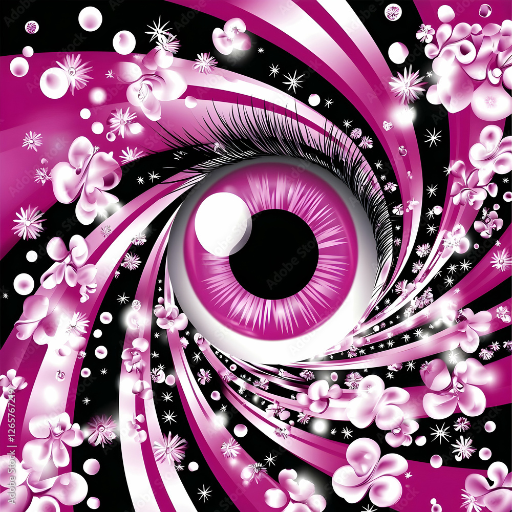 Fototapeta premium Pink eye swirling in floral vortex; abstract art for vision, imagination, and dreamscapes