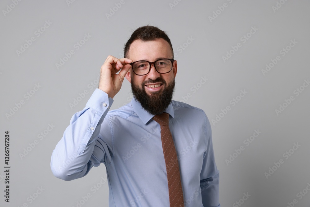 Handsome bearded man in formal outfit on grey background Handsome bearded man in formal outfit on grey background