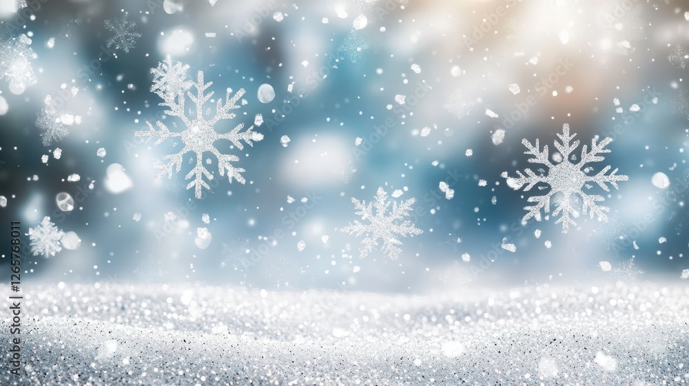 A serene winter scene featuring delicate snowflakes falling softly against a blurred, frosty backdrop, creating a magical, ethereal ambiance. A serene winter scene featuring delicate snowflakes falling softly against a blurred, frosty backdrop, creating a magical, ethereal ambiance.