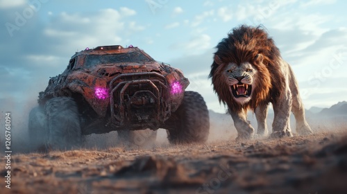 A rugged vehicle stands menacingly next to a roaring lion in a dramatic desert setting, highlighting the raw power of nature contrasted with human ingenuity in automotive design. photo