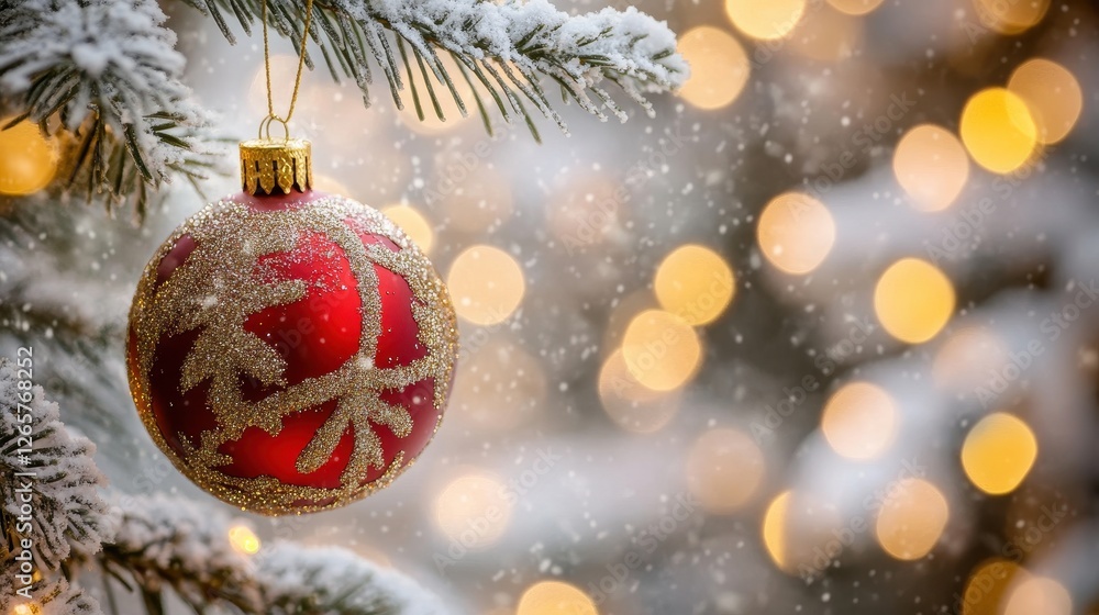 A vibrant red Christmas ornament adorned with golden leaves hangs from a snowy evergreen branch, surrounded by soft, glowing bokeh lights. A vibrant red Christmas ornament adorned with golden leaves hangs from a snowy evergreen branch, surrounded by soft, glowing bokeh lights.