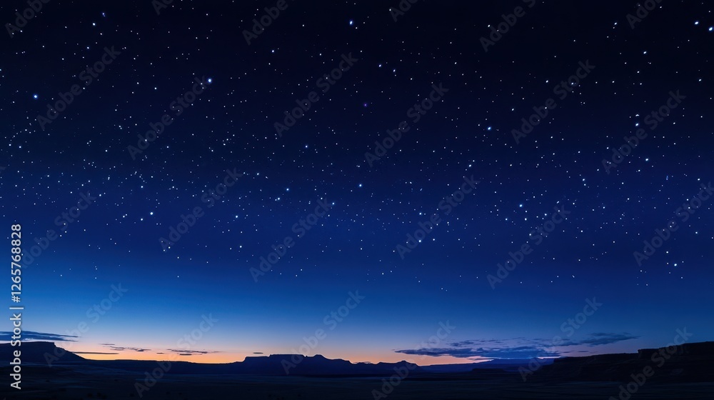 Fototapeta premium A serene night sky filled with shimmering stars and a gradient of deep blue to soft orange, creating a tranquil ambiance in the wilderness.