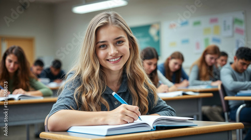Smiling senior high school girl sitting at desk in classroom, writing in notebook, posing and looking at camera. Group of diverse classmates studying on background 