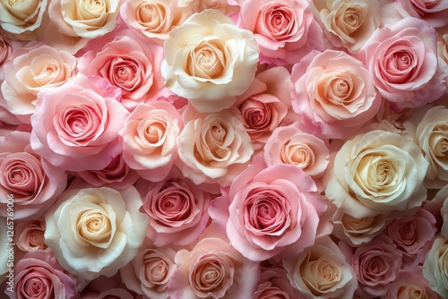 A soft pastel background featuring an array of delicate pink roses, creating a romantic and dreamy atmosphere for Valentine's Day or special events