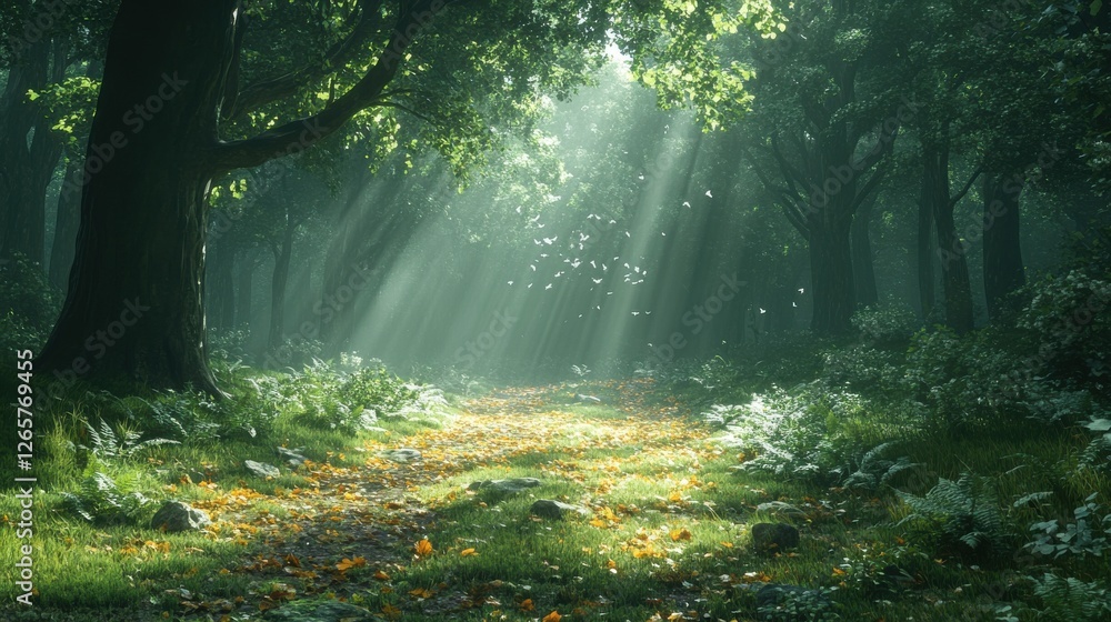 Obraz premium Serene Forest Pathway Illuminated by Soft Sunlight Filtering Through Lush Green Foliage and Vibrant Underbrush