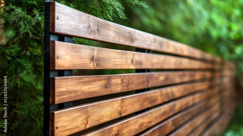 A close-up shot of contemporary wooden fence panels surrounded by greenery, illustrating elegance and minimalism ideal for outdoor settings, enhancing modern garden spaces. A close-up shot of contemporary wooden fence panels surrounded by greenery, illustrating elegance and minimalism ideal for outdoor settings, enhancing modern garden spaces.