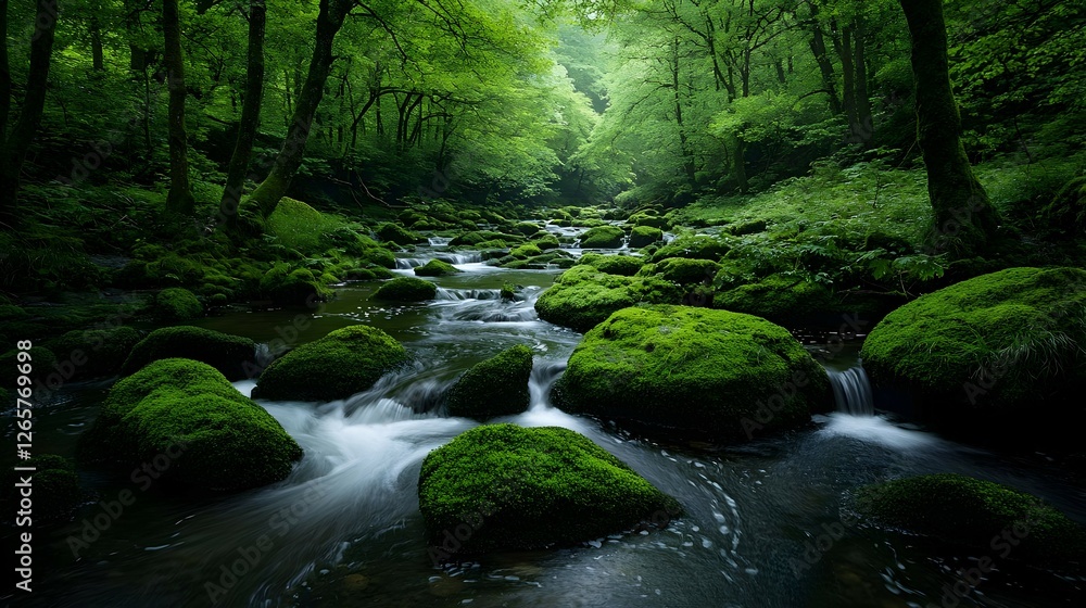 Lush Green Mossy Rocks In Forest Stream Lush Green Mossy Rocks In Forest Stream