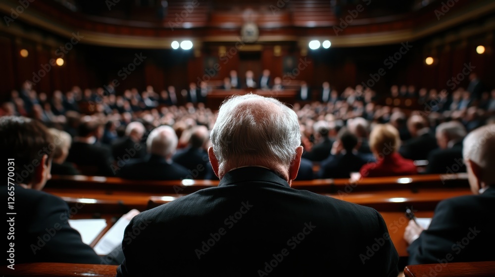 A distinguished audience is seen from behind in a formal assembly room, creating a powerful image of unity and collective engagement in discussions that shape society. A distinguished audience is seen from behind in a formal assembly room, creating a powerful image of unity and collective engagement in discussions that shape society.