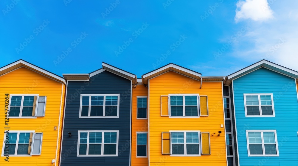 Home insurance property and earthquake, A vibrant row of colorful apartment buildings under a clear blue sky, showcasing modern architecture and a cheerful atmosphere. Home insurance property and earthquake, A vibrant row of colorful apartment buildings under a clear blue sky, showcasing modern architecture and a cheerful atmosphere.