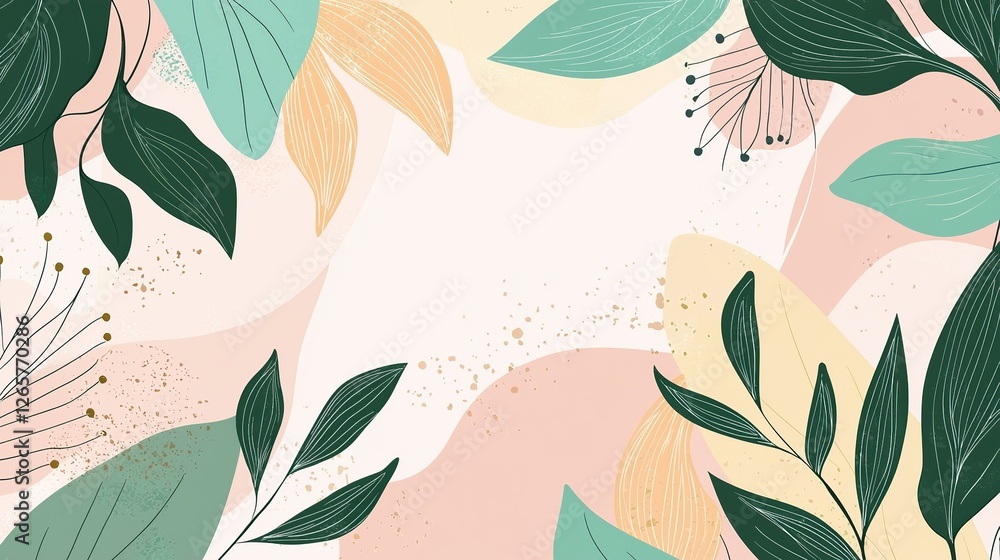 Colorful abstract foliage design with soft pastel tones and organic shapes on a light background Colorful abstract foliage design with soft pastel tones and organic shapes on a light background