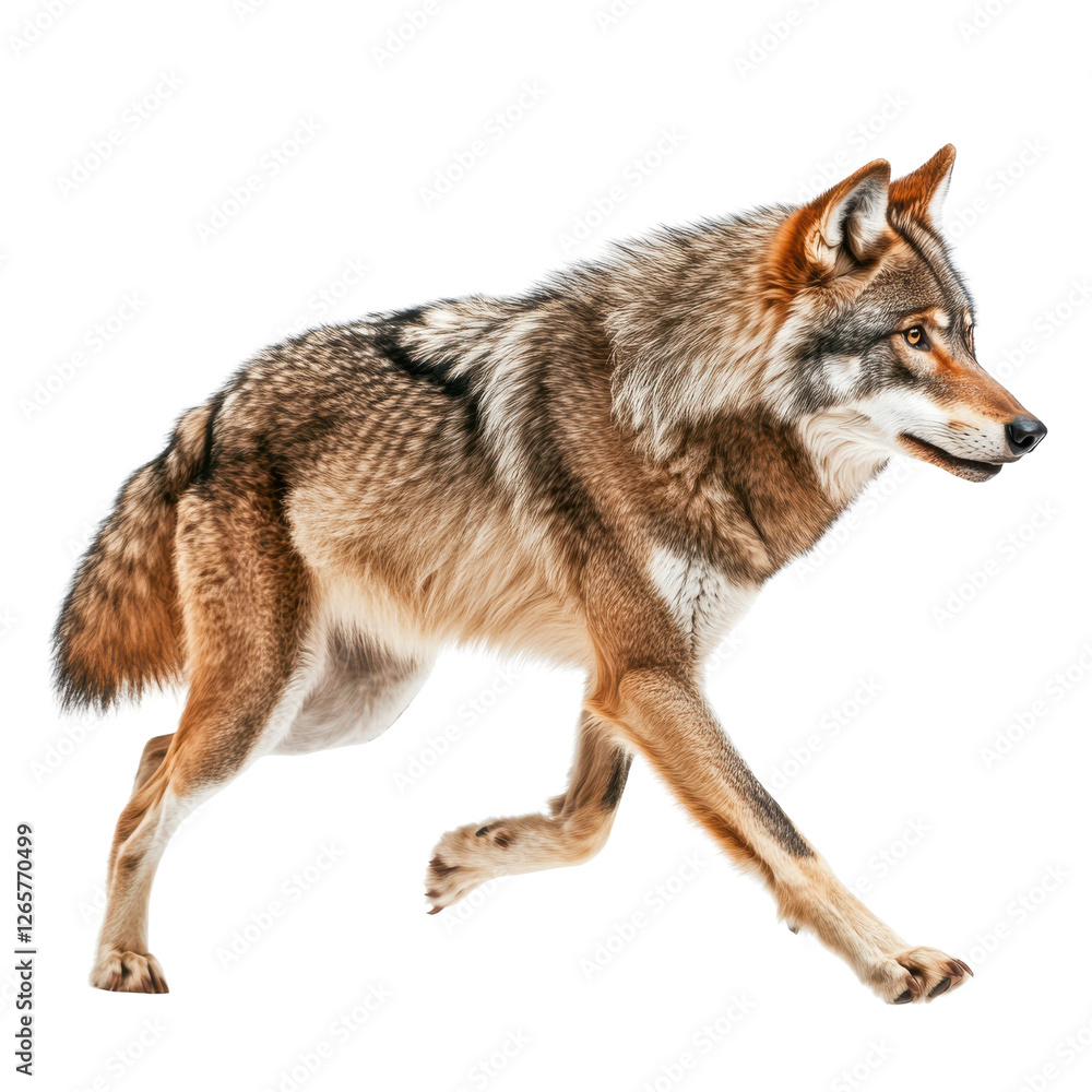 Brown wolf in midstride muscular fur texture dynamic profile Brown wolf in midstride muscular fur texture dynamic profile