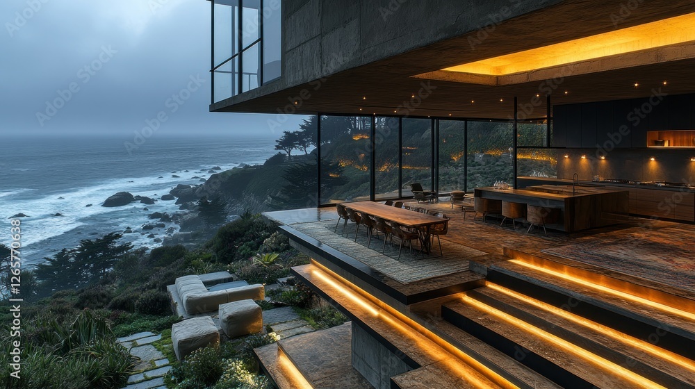 Fototapeta premium Coastal Modern Home, Ocean View, Multi-Level Deck, Dusk