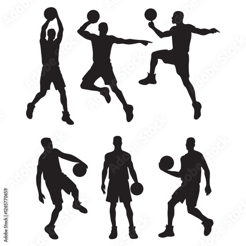 set of silhouettes of male basketball players with different poses, movements vector illustrations.